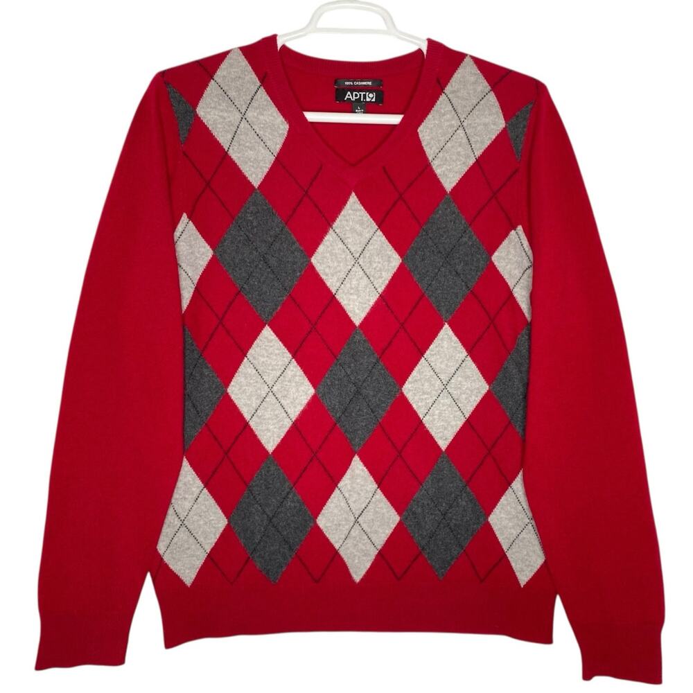 Apt 9 Mens V Neck Cashmere Sweater Large Red Gray Preppy Academia Winter Cozy